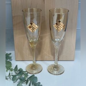 Franco Vetrerie Champagne Flute Glasses Set Of 2 Bronze Tone Embellish crystal